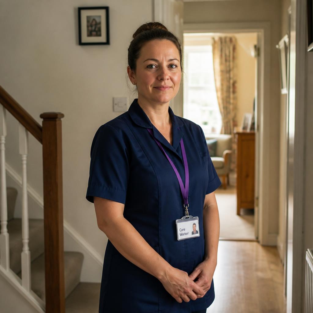 A home support and companionship assistant standing in the hallway of a client's home