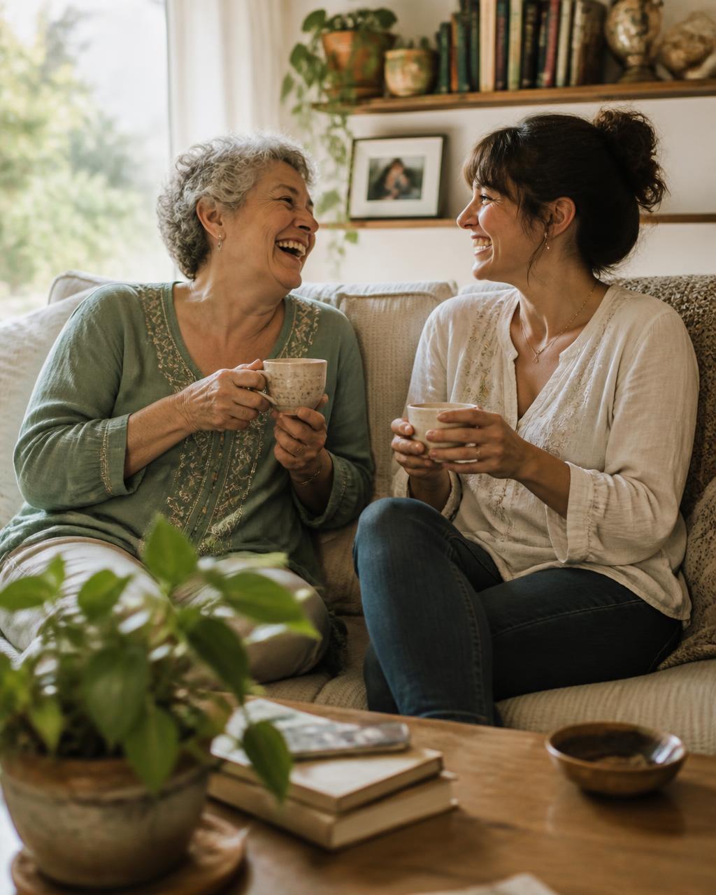 An older woman and her companion laughing together over tea in a bright, plant-filled living room