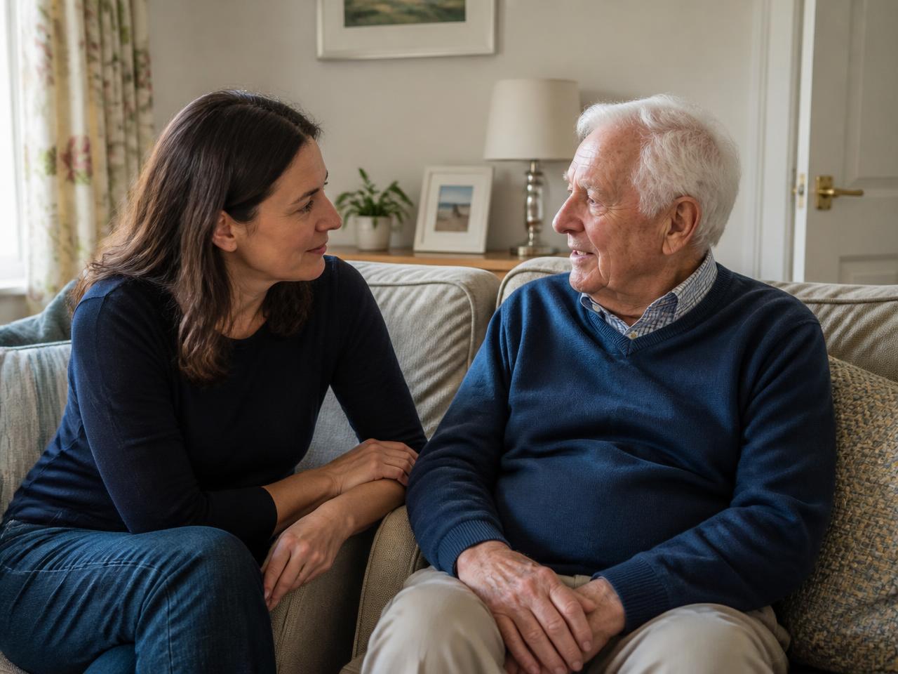 An adult daughter and her father talking together at home after a hospital stay