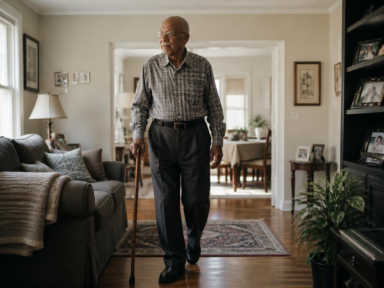 An older man walking confidently through his own living room